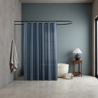 Blue Jacquard Shower Curtain Waterproof Textured Solid Color Polyester Waffle Weave Bathroom Curtains
