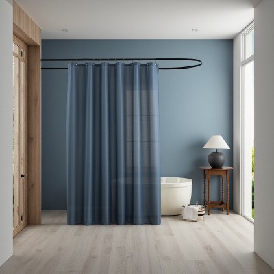 Blue Jacquard Shower Curtain Waterproof Textured Solid Color Polyester Waffle Weave Bathroom Curtains